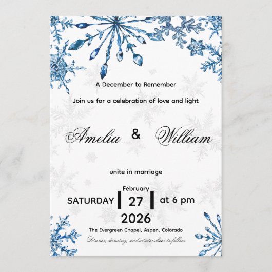 Elegant Blue Watercolor Snowflake Wedding Invite Kaart (Voorkant)