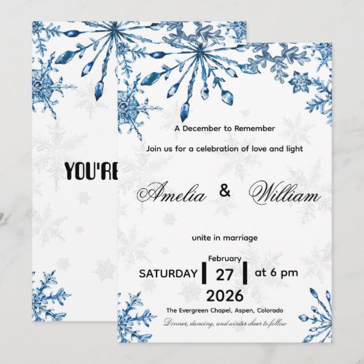 Elegant Blue Watercolor Snowflake Wedding Invite Kaart (Voorkant / Achterkant)
