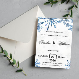 Elegant Blue Watercolor Snowflake Wedding Invite Kaart
