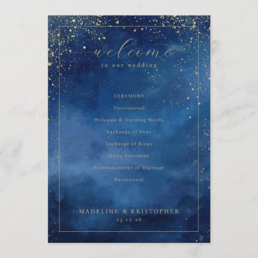 Elegant Blue Watercolor Wedding Ceremony Program Programmakaart (Voorkant)
