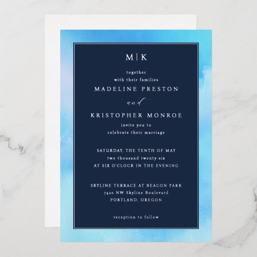 Elegant Blue Watercolor Wedding Invitation Folie Uitnodiging (Voorkant / Achterkant)