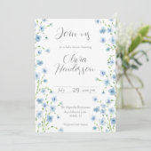 Elegant Blue Watercolor Wildflower Baby Shower Kaart (Staand voorkant)