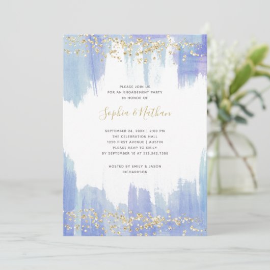 Elegant Blue Waterverf and Gold Engagement Party Kaart (Staand voorkant)