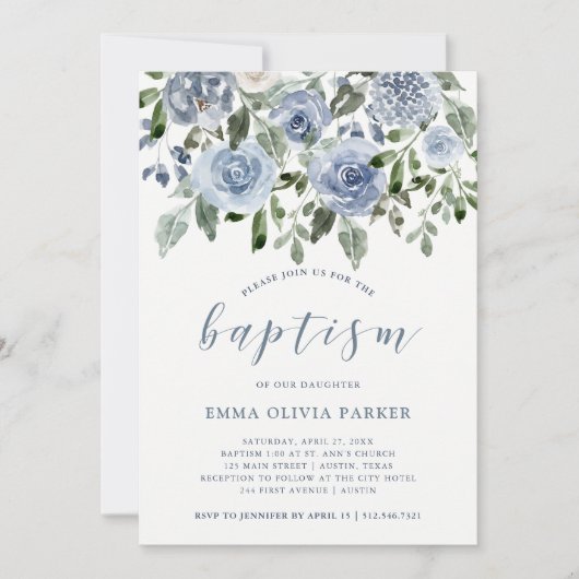 Elegant Blue Waterverf | Baptisme Kaart (Voorkant)