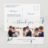 Elegant blue waterverf bruiloft 3 foto bedankt briefkaart (Voorkant / Achterkant)