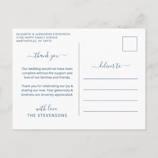 Elegant blue waterverf bruiloft 3 foto bedankt briefkaart (Achterkant)