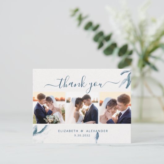 Elegant blue waterverf bruiloft 3 foto bedankt briefkaart (Staand voorkant)