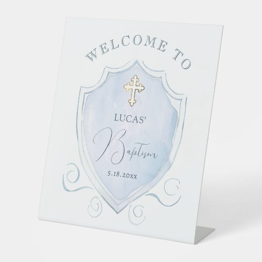 Elegant Blue Waterverf Crest doop welkom Reclamebord Met Voetstuk (Voorkant)