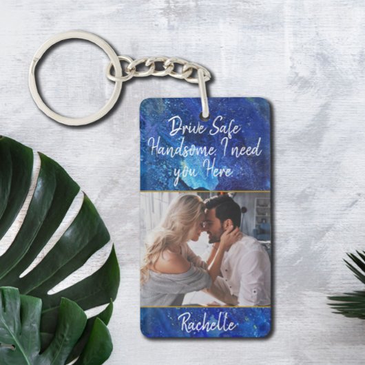 Elegant Blue Waterverf Drive Safe Custom Foto Sleutelhanger