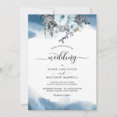 Elegant Blue Waterverf en Blue Floral Wedding Kaart (Voorkant)