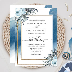 Elegant Blue Waterverf en Blue Floral Wedding Kaart