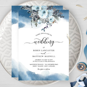 Elegant Blue Waterverf en Blue Floral Wedding Kaart