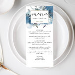 Elegant Blue Waterverf en Floral, Wedding Menu<br><div class="desc">Schrap uw gasten met deze elegante kaart van het Menu. Afzonderlijk ontwerp dat bovenaan een unieke drijvende blauwe waterverf vlek en bloem bevat. Bloemen en loof in stoffige blauw, blauw van de marine, wit, grijs en grijze tinten. Voeg je eigen menugegevens toe op de voorzijde en de naam of namen,...</div>