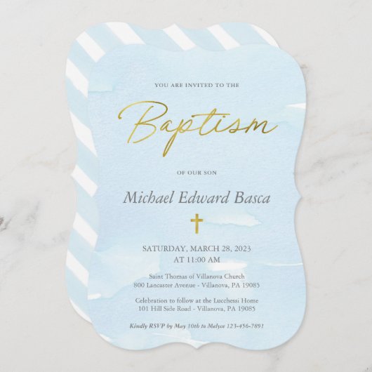 Elegant Blue Waterverf en Gold Baptism Kaart (Voorkant / Achterkant)