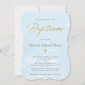 Elegant Blue Waterverf en Gold Baptism Kaart (Voorkant)