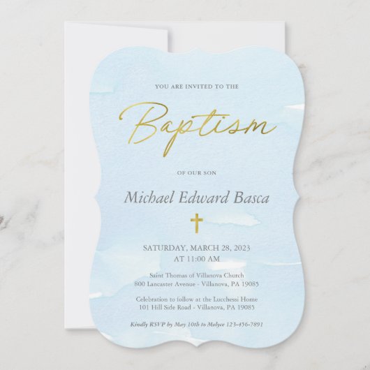Elegant Blue Waterverf en Gold Baptism Kaart (Voorkant)