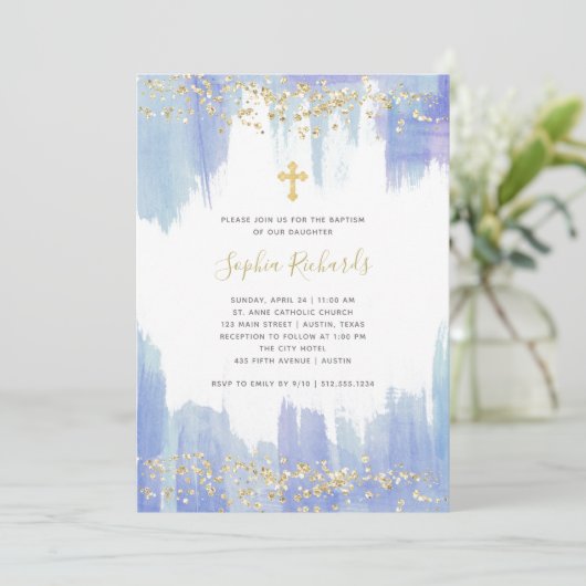 Elegant Blue Waterverf en Gold | Baptisme Kaart (Staand voorkant)