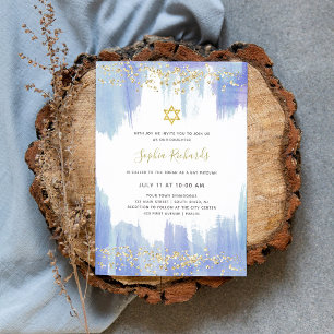 Elegant Blue Waterverf en Gold   Bat Mitzvah Kaart