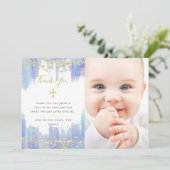 Elegant Blue Waterverf en Gold | Fotobaptisme Bedankkaart (Staand voorkant)