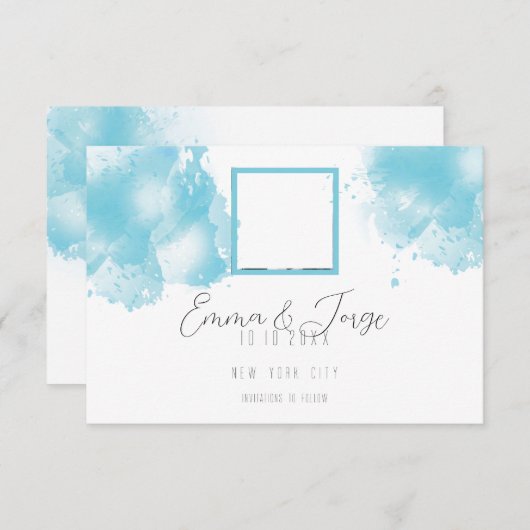 Elegant Blue Waterverf Flat Save the Date Kaart (Voorkant / Achterkant)