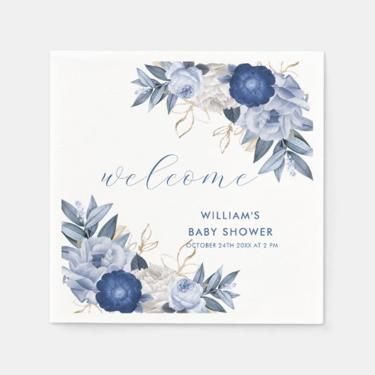 Elegant Blue Waterverf Floral Baby shower Servet (Voorkant)