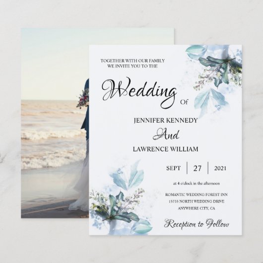 Elegant Blue Waterverf Floral bloom Foto Weddensch (Voorkant / Achterkant)