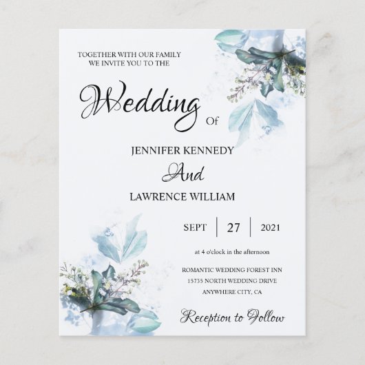 Elegant Blue Waterverf Floral bloom Foto Weddensch (Voorkant)