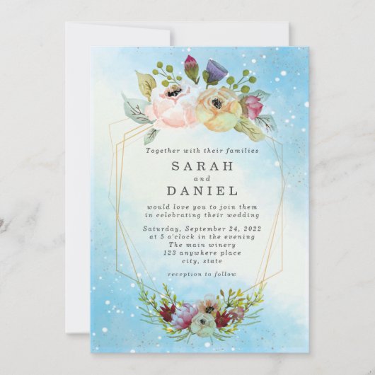 Elegant Blue Waterverf Floral Geometric Wedding (Voorkant)