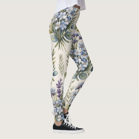 Elegant Blue Waterverf Floral Pattern Leggings (Rechts)