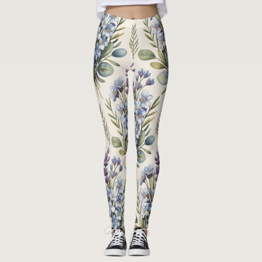 Elegant Blue Waterverf Floral Pattern Leggings (Voorkant)