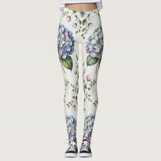 Elegant Blue Waterverf Floral Pattern Leggings (Voorkant)