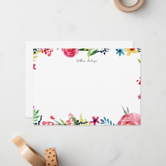 Elegant Blue Waterverf Floral Personal Stationery Notitiekaartje (Voorkant / Achterkant in situ)