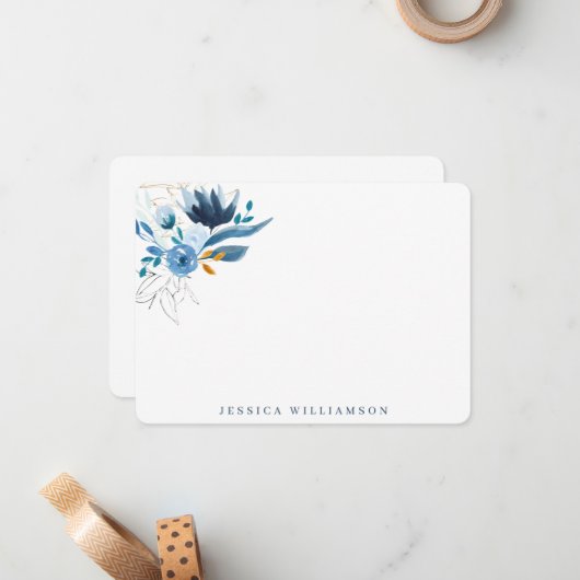Elegant Blue Waterverf Floral Personal Stationery Notitiekaartje (Voorkant / Achterkant in situ)