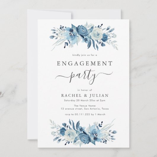 Elegant blue waterverf floral verlofpartij kaart (Voorkant)