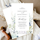 Elegant Blue Waterverf Floral w/ Greenery Wedding Kaart