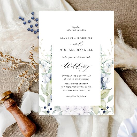 Elegant Blue Waterverf Floral w/ Greenery Wedding Kaart