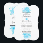 Elegant Blue Waterverf Floral Wedding Invitations Kaart<br><div class="desc">Dit ontwerp bevat elegante blauwe waterverf bloemen. De prachtige blauwe bloemkleuren van de boeket worden op een elegante zwarte lijn geplaatst. Een eenvoudig, elegant ontwerp van de waterverf van bloemen dat boven en onder de tekst is aangebracht met een middenbloem die de namen van de bruid en de bruidegom met...</div>
