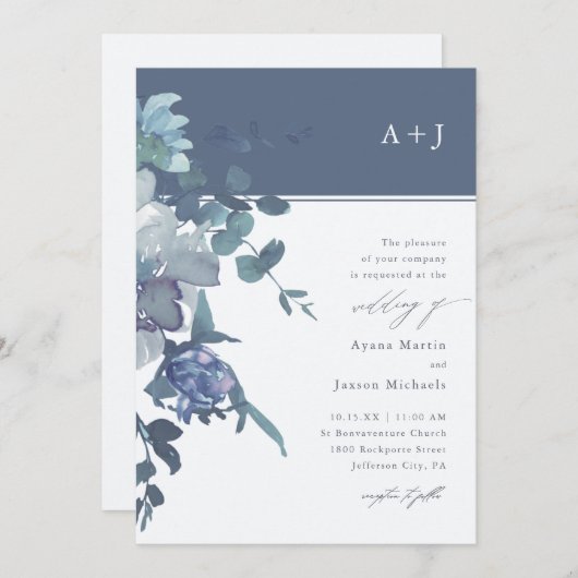 Elegant Blue Waterverf Floral Wedding Kaart (Voorkant / Achterkant)