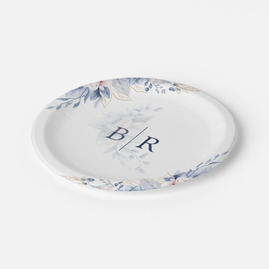 Elegant Blue Waterverf Floral Wedding Papieren Bordje (Gekanteld)