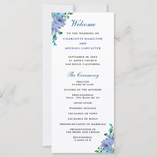 Elegant Blue Waterverf Floral Wedding Programme (Voorkant)