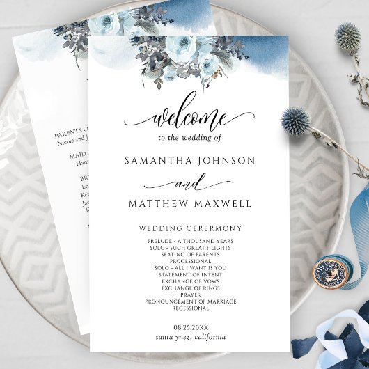 Elegant Blue Waterverf Floral Wedding Programme
