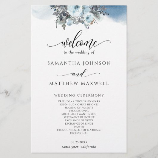 Elegant Blue Waterverf Floral Wedding Programme (Voorkant)
