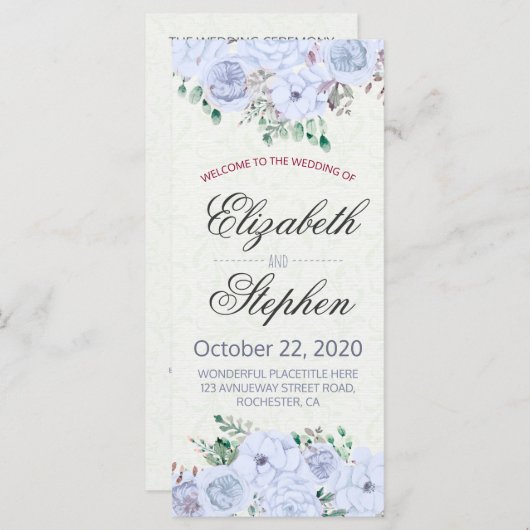 Elegant Blue Waterverf Floral Wedding Programme Programmakaart (Voorkant / Achterkant)