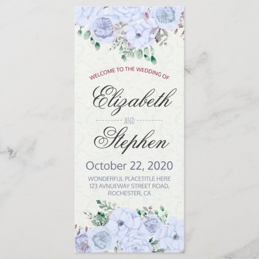 Elegant Blue Waterverf Floral Wedding Programme Programmakaart (Voorkant)