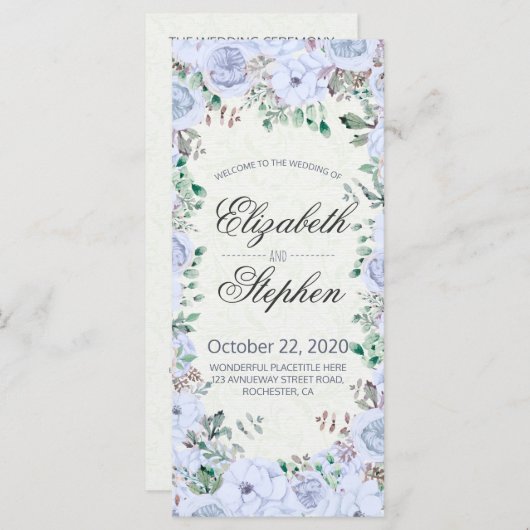 Elegant Blue Waterverf Floral Wedding Programme Programmakaart (Voorkant / Achterkant)