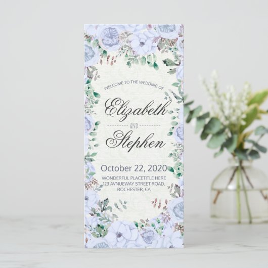 Elegant Blue Waterverf Floral Wedding Programme Programmakaart (Staand voorkant)