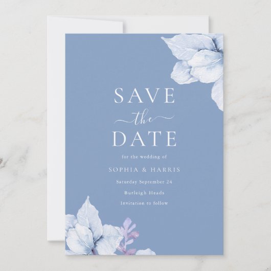 Elegant Blue Waterverf Floral Wedding Save The Date (Voorkant)