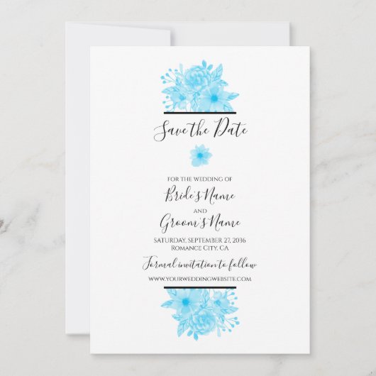 Elegant Blue Waterverf Floral Wedding Save The Date (Voorkant)