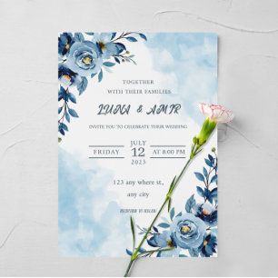 elegant Blue Waterverf flower bruiloft Folie Uitnodiging