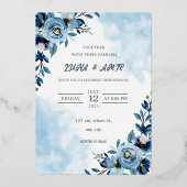elegant Blue Waterverf flower bruiloft Folie Uitnodiging (Voorkant)